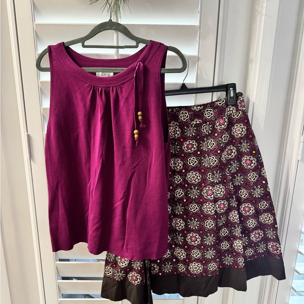 Ann Taylor LOFT Magenta Top and Embroidered Skirt Set